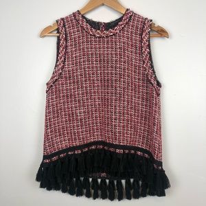 Zara Sleeveless Knit Tweed Blouse with Tassels